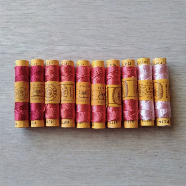 Conjunto vintage de 10 carretes de hilo de seda pura de Bozzolo Reale, colores que van del burdeos al rosa claro, Italy Vintage, Made in Italy