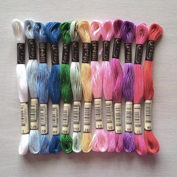 Vintage set of 13 embroidery floss skeins, Anchor mouliné cotton, Coats Mez , assorted colors