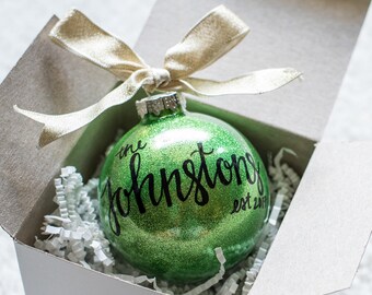 Last Name Christmas Ornament. Hand Lettered Personalized Newlywed Christmas Ornament.