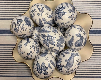 Decoupage Easter Eggs - Set of 4 | Blue and White Easter Décor | Bunny Toile