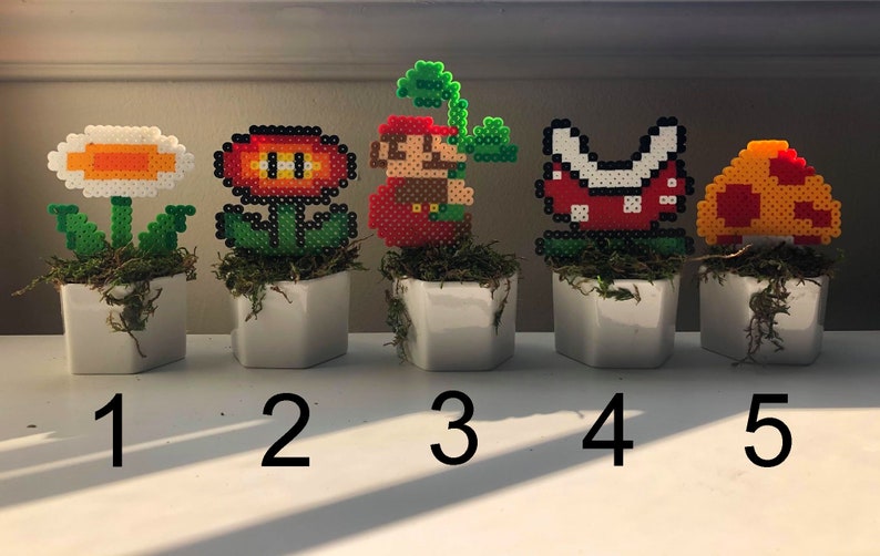 Plante pot Mario Bros Nintendo Decor Fleur Champignon Perler Beads Pixel art image 2