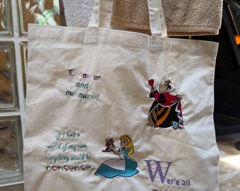 Alice Embroidered Tote Bag | Whimsical Wonderland Canvas Shopping Bag
