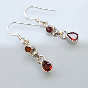 Petite Silver Earrings Gem Garnet Red Hanging Earrings Playful Ethno Boho image 3