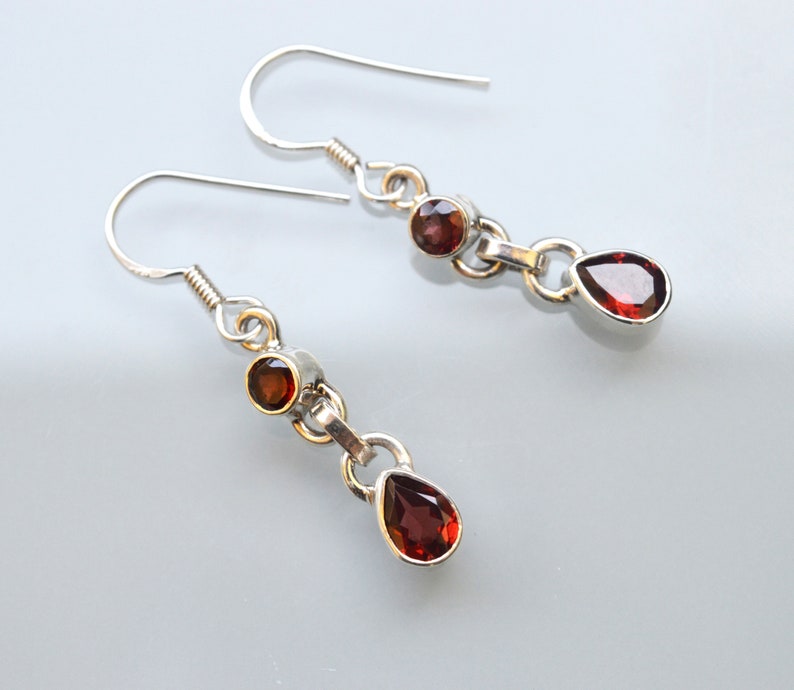 Petite Silver Earrings Gem Garnet Red Hanging Earrings Playful Ethno Boho image 3