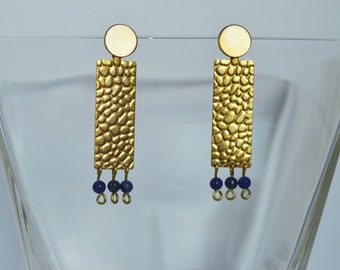 Golden long lapis lazuli gemstone statement earrings geometric fashion jewelry