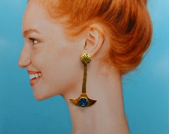 Goldene Edelstein Ohrringe mit blauem Druzy Statement Ohrstecker