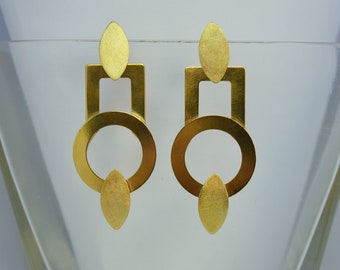 Goldene lange Ohrringe geometrische Statement Ohrhänger Artdeco Ohrstecker opulent Cocktail Boho Ethno