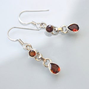 Petite Silver Earrings Gem Garnet Red Hanging Earrings Playful Ethno Boho image 2