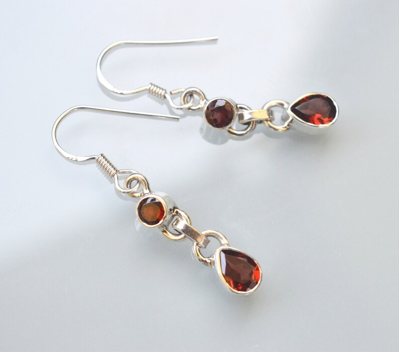 Petite Silver Earrings Gem Garnet Red Hanging Earrings Playful Ethno Boho image 2