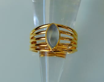 Gold Ring Edelstein Chalcedon Marquise zierlich blau Statement Handarbeit Größe 59