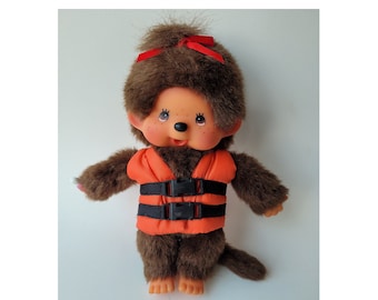 Vintage Monchhichi Monkey Girl Doll in Life Jacket 8 inch