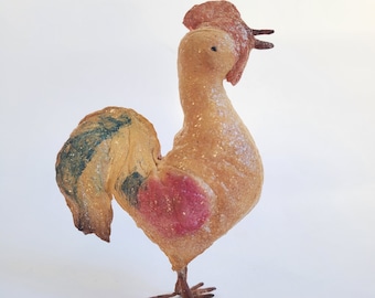 Gallo pollo antico ornamento natalizio in cotone filato degli anni '40, decorazione vintage per albero di Natale