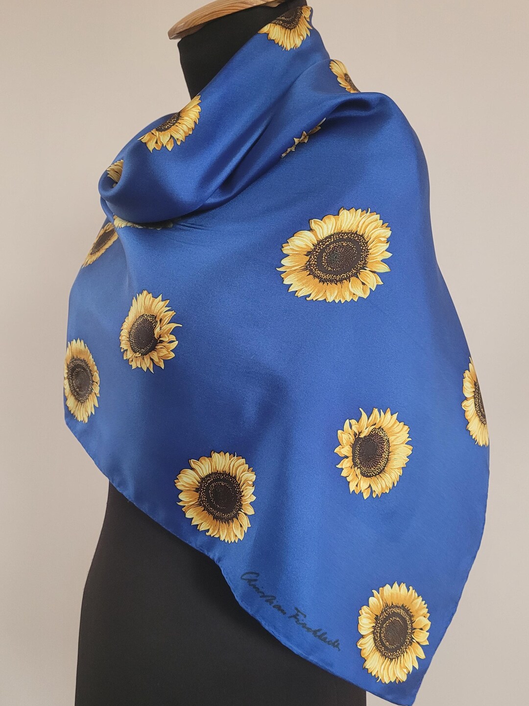 Christian Fischbacher Striking Royal Blue Sunflowers Print Silk Foulard christian-fischbacher-striking-royal-blue-sunflowers-print-silk-foulard