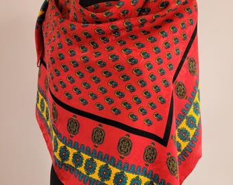 67x17 レッド グリーン フレンチプリント シルクスカーフ ブラック 花