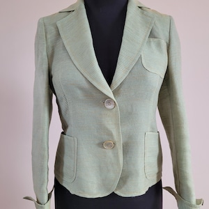 Vintage AKRIS Woman Light Green Striped Linen Blazer Jacket Chic Summer Jacket