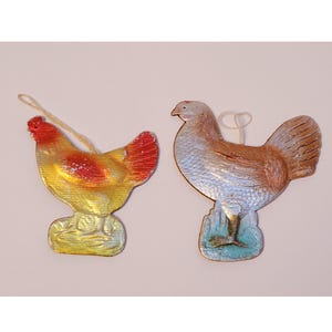 Vintage DRESDEN Cardboard Christmas Ornament Embossed Christmas Decor Paper Chicken Lot of 2