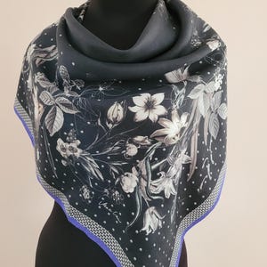 Vintage MARC CAIN Black Grey Floral Silk Scarf 34&quot;