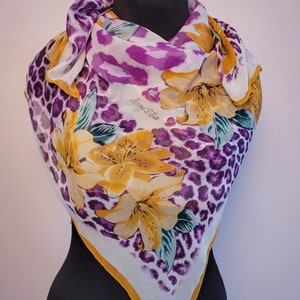 Vintage Marina D&#39;Este Purple/Orange Floral Crepe Silk Scarf/Foulard ,Hand Rolled 39&quot;x40&quot;