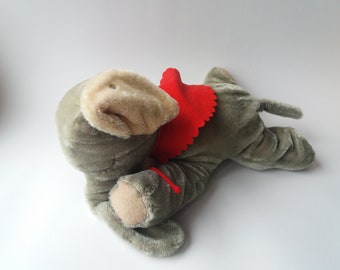 Steiff Floppy Ele Elephant Lying Sleeping Mohair Plush 28 cm 11 in Bib Tusks 1970s  Vintage Button