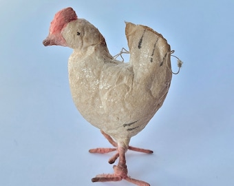 Ornamento di pollo antico in cotone filato degli anni '40, arredamento pasquale vintage, arredamento vintage per albero di Natale