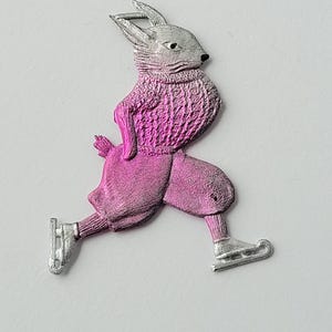 Vintage Dresden Cardboard Embossed Plastic Christmas Ornament  Bunny on Skates,Soviet,USSR, Extra Rare
