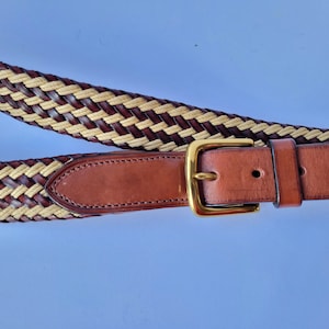Pasek Faconnable Brown Leather Beige Cotton Woven Braided, wyprodukowany we Francji, zabytkowy, nigdy nieużywany
