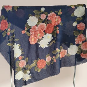 Vintage CHANEL Wool Silk Oversize Camellia Flowers  Scarf/ Bodywrap  46&quot;x53&quot;