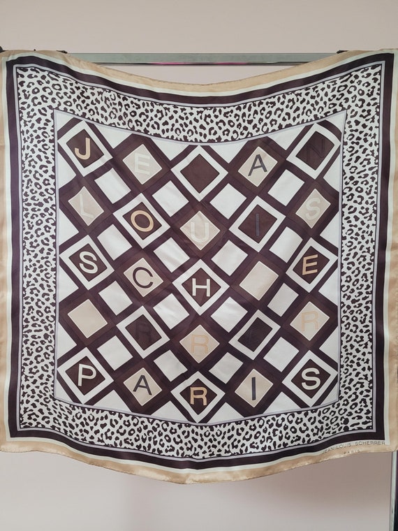 Vintage Jean Louis Scherrer Paris Leopard Print Brown White Silk Scarf/Foulard ,Hand Rolled 34"