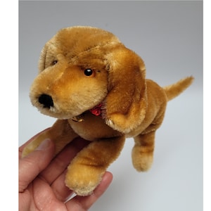 Steiff Bazi Dachsund Puppy/Dog Mohair Plush 5 in tall,Wood Filled,Vintage 1960s,Ear Button,Working Squeaker,Top Condition
