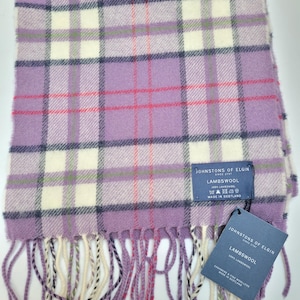 Vintage Johnstons of Elgin Lavender White Wool Tartan Checkered  Scarf  10&quot; x 63&quot; Never Used