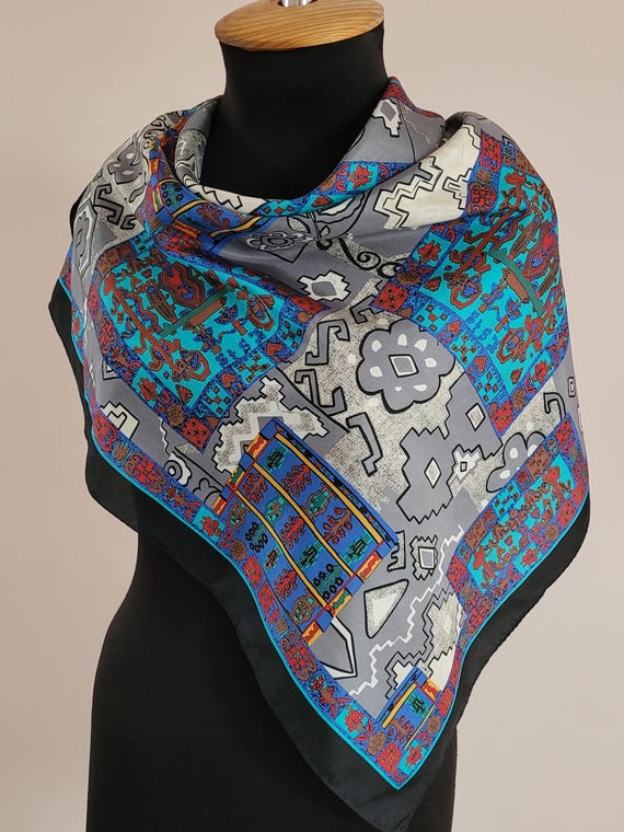 Multicolored Patchwork Arabesque Design Silk Scar… - image 1