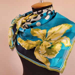 Vintage Jammers & Leufgen JL Silk Scarf,Bright Vibrant Blue Yellow Silk Scarf/Foulard 45in,1980s