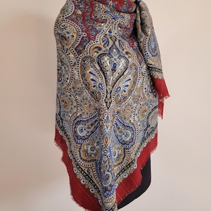 Vintage Luxury Burgundy Wool with Metallic Thread Paisley Shawl Scarf Oversize  55&quot;