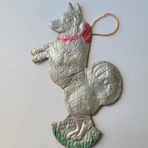 Vintage Antique Dresden Cardboard Christmas Ornament Silver Dog