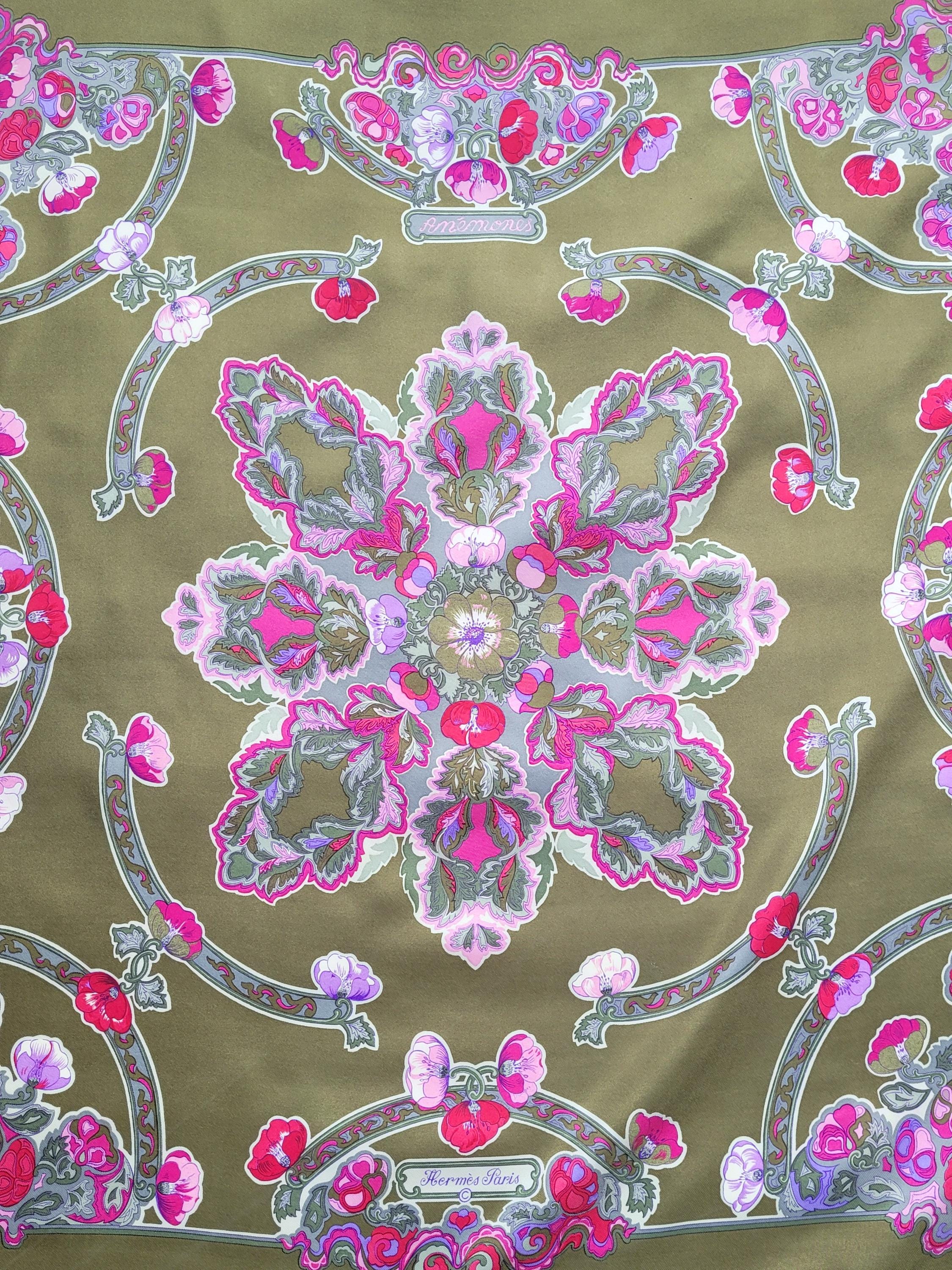 Vintage Hermes Anemones Floral Silk Scarf HERMÈS Carre by Caty