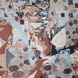 May include: Abstract patterned textile in shades of brown, tan, black, and light blue. The design features geometric shapes, spirals, and stylized eye motifs. The overall aesthetic is reminiscent of mid-century modern art.