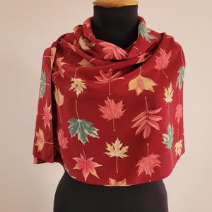 FABRIC FRONTLINE Switzerland Leaves Prints Red Silk  Scarf 53" x 25"