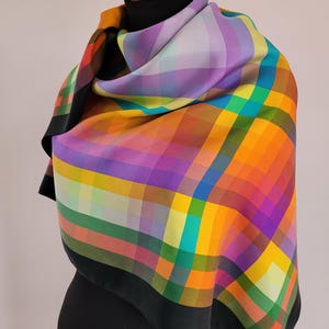 Vintage Bright Vivid Multicolored Checked Silk Scarf/Foulard 37in