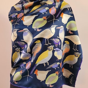 FABRIC FRONTLINE Switzerland Artistic Birds Navy Silk Oversize Scarf/Wrap