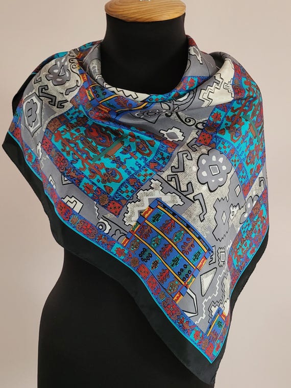 Multicolored Patchwork Arabesque Design Silk Scar… - image 5