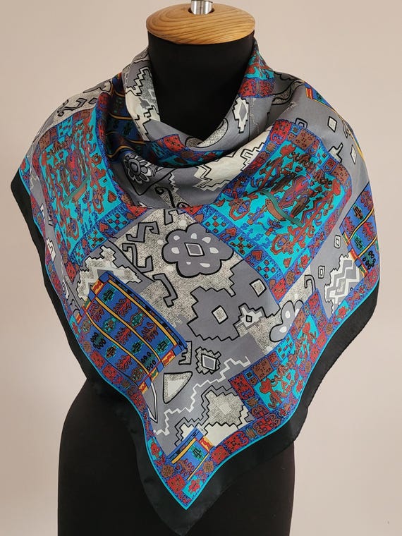 Multicolored Patchwork Arabesque Design Silk Scar… - image 6