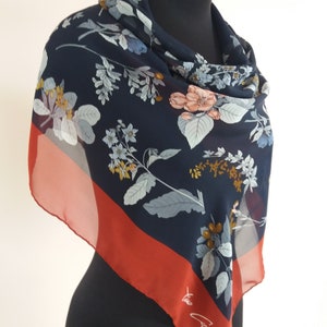 Vintage Tino Cosma Flowered Crepe Silk Scarf/Foulard ,Botanical Scarf,Rolled Edges,34&quot; square