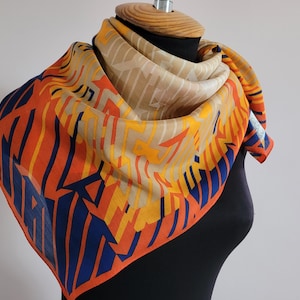 Vintage Madeleine de Rauch Paris Geometric Ornament Blue Orange  Silk Scarf/Foulard 30&quot;