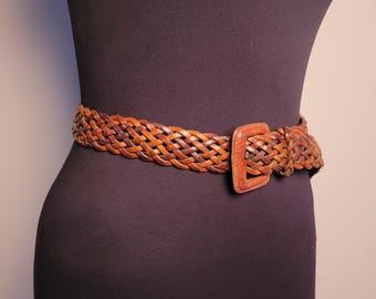 編み込みブラウンレザーベルト：ヴィンテージ編み込みユニセックス