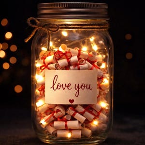 Könnte beinhalten: Ein klares Glas mit gerollten Papierrollen, die mit roten Bändern gebunden sind. Das Glas enthält Lichterketten und eine Karte mit der Aufschrift "love you" und einem kleinen Herz. Das Glas hat einen Metalldeckel und eine Schnur.