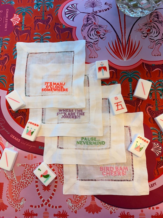 Embroidered Mahjong cocktail napkins - Mahj Gift - Hostess Gift