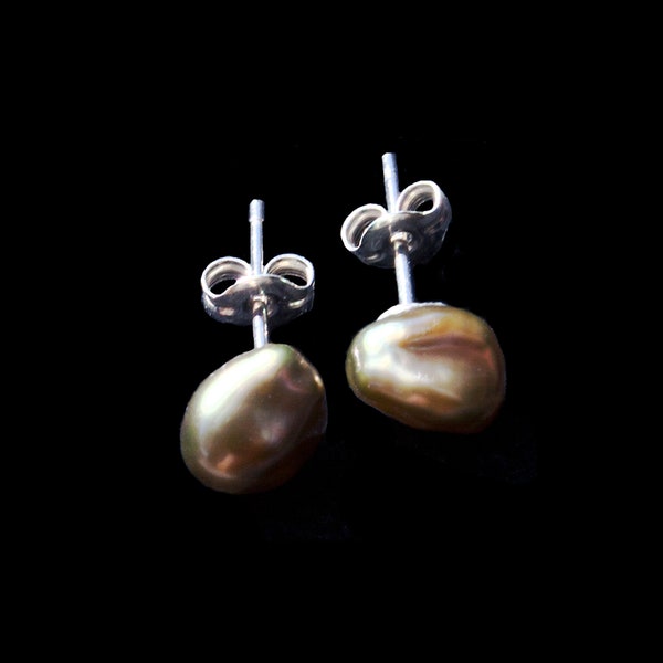 Khaki Green Baroque Pearl on .925 sterling silver or 14K gold-filled studs