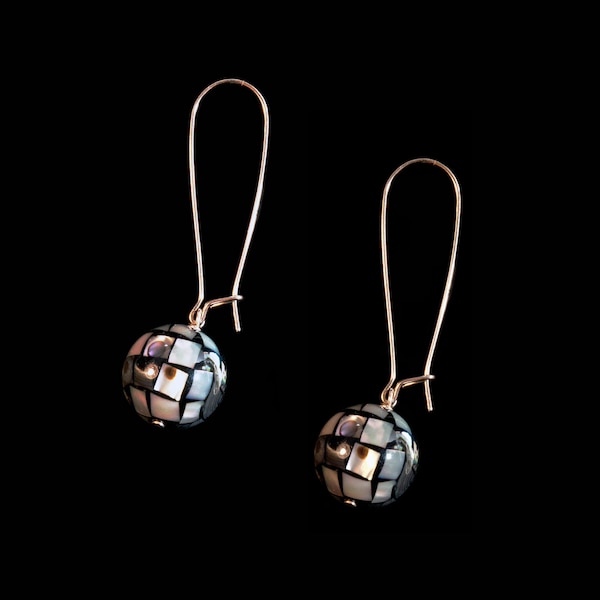 Black Mother of Pearl DIsco Ball on 14k gold-filled kidney wire