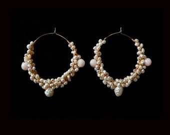 Mermaid Pearl and Pink Shell beaded Hoop Earrings : .925 Sterling Silver, Gold-Filled or Rose Gold-Filled Hoops