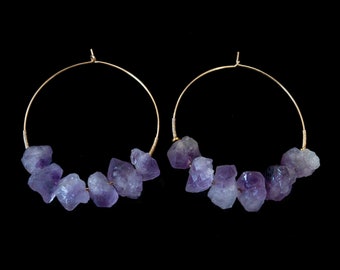 Rough Amethyst Chunks on 14k Gold-Filled Hoops